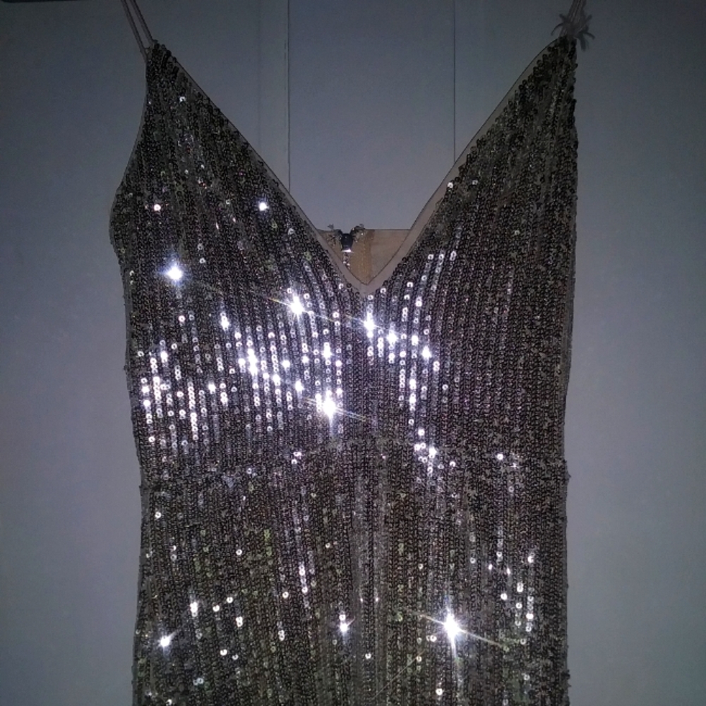 Fashion Nova Gold Sequin Leg Split Dress